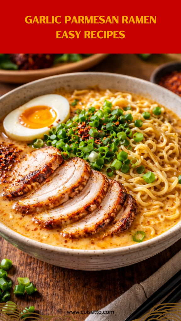 A steaming bowl of Creamy Garlic Chicken Ramen, featuring springy noodles drenched in a thick, white Cheesy Garlic Spaghetti sauce. Sliced golden-brown chicken breast, bright green bok choy, and red pepper flakes are visible. This Quick Garlic Pasta Dinner is garnished with fresh parsley and green onions, styled to look like a gourmet Creamy Garlic Parmesan Pasta. Perfect for showcasing Garlic Parmesan Noodles Easy Recipes.