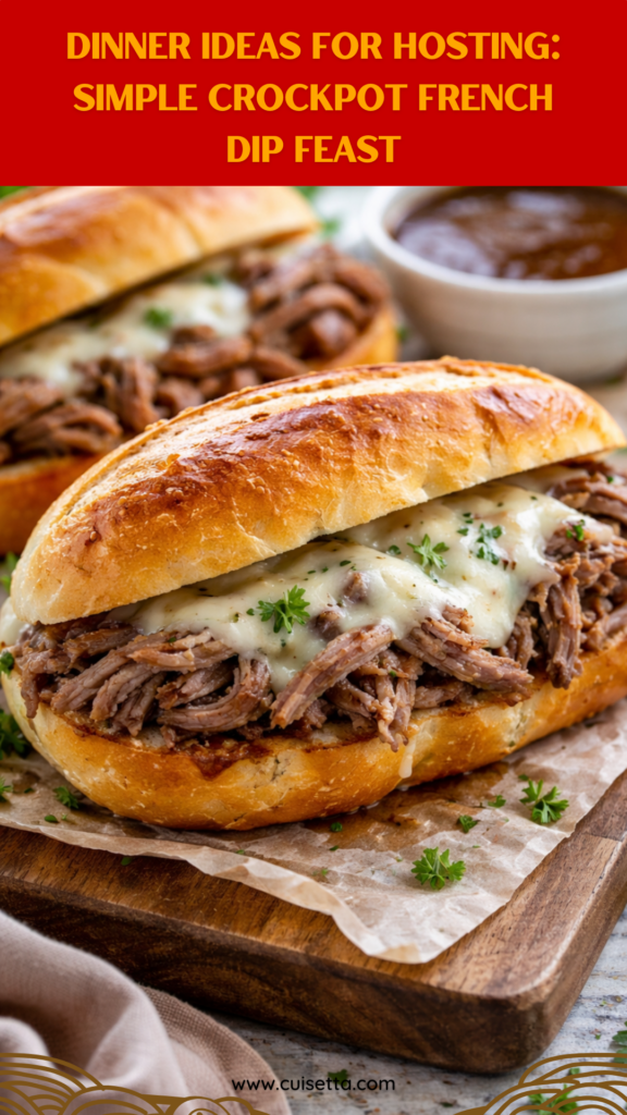 A close-up shot of a toasted hoagie roll piled high with shredded, juicy slow-cooked beef and melted provolone cheese, being dipped into a small ceramic bowl of dark, savory au jus. The background shows the Crockpot used for this Dinner Ideas For Hosting and a plate of crispy potato wedges. This visual perfectly represents Easy Food To Feed A Crowd, Game Night Meals, and Crockpot Meals Kid Friendly dinner options.
