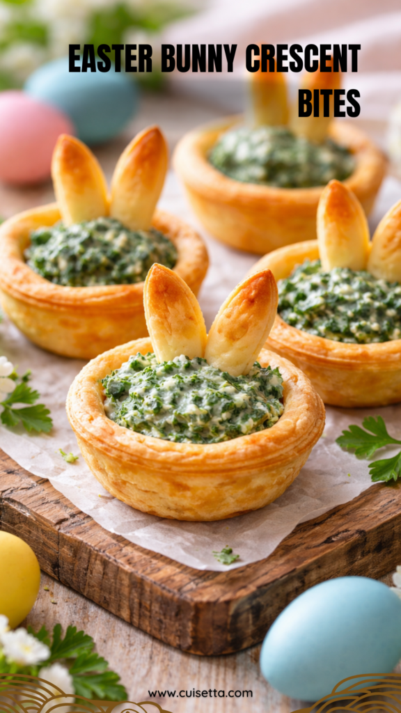 A high-resolution, close-up shot of golden-brown Easter Bunny Crescent Bites arranged on a white ceramic platter. These Bunny Themed Snacks feature flaky pastry ears and a creamy green spinach-artichoke filling peeking through the center. In the background, fresh parsley and Easter eggs create a festive atmosphere. This image showcases Easy Easter Finger Food Ideas and serves as inspiration for Bunny Party Food Ideas and Fun Easter Foods.