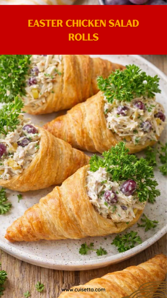 A bright, high-angle shot of golden-brown, carrot-shaped crescent rolls filled with a creamy Easter Chicken Salad. The filling features visible chunks of chicken, sliced grapes, and slivered almonds, garnished with fresh green parsley. The rolls are arranged on a white platter, representing Easter Fun Food Ideas and Small Easter Meal Ideas. The lighting is airy and spring-like, emphasizing Easy Easter Food for a holiday brunch or Easter Dinner Menu Ideas.