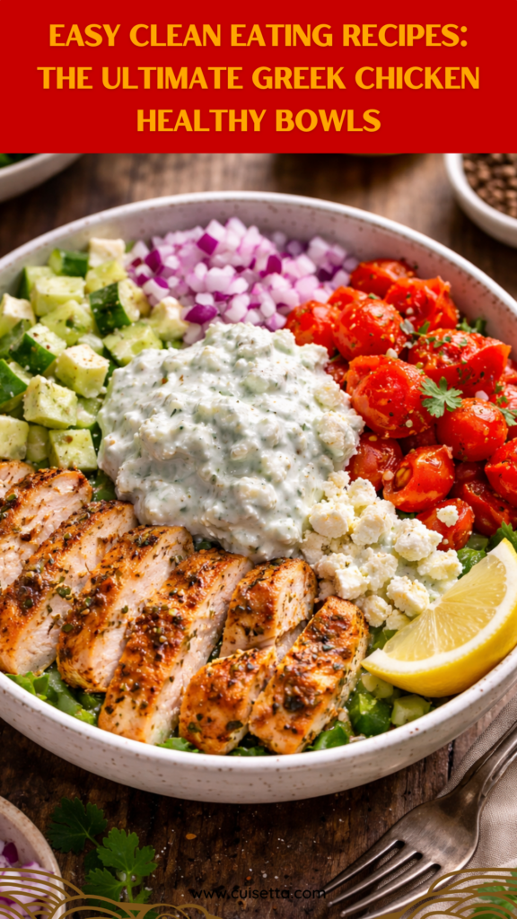 A colorful Mediterranean Health Dinner bowl containing sliced herb-marinated chicken, a scoop of quinoa, halved cherry tomatoes, sliced cucumbers, red onions, and crumbled feta. A generous dollop of creamy dill tzatziki sits in the center. This visual represents Easy Clean Eating Recipes, Meal Prep Clean Eating, and Healthy Bowls, perfect for those seeking Recetas Fitness or a gourmet Recette Santé inspiration.
