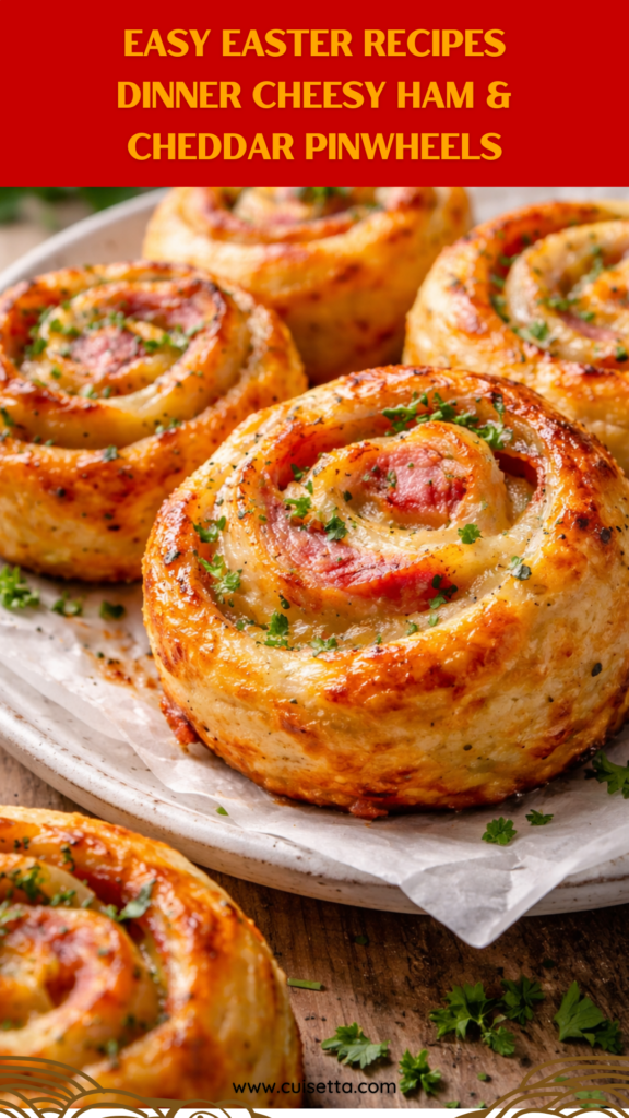 A beautiful overhead shot of golden-brown, flaky Cheesy Ham and Cheddar Pinwheels arranged on a rustic wooden serving board. The visible layers show melted sharp cheddar cheese and savory sliced ham swirled within buttery puff pastry, garnished with fresh chopped parsley. This image highlights Brunch Ideas Finger Food and Easy Easter Recipes inspiration, perfect for Foods For Easter and Different Easter Ideas.