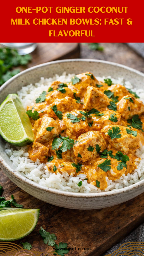 An overhead shot of a Coconut Rice Bowl Recipe featuring creamy, white coconut sauce over diced chicken and a bed of fluffy rice. Fresh green cilantro and bright lime wedges garnish the top. This One-pot Ginger Coconut Milk Chicken Bowls visual highlights the rich texture of Coconut Chicken Rice and Jasmine Rice Bowls, perfect for users searching for Diced Chicken Breast Recipes and tropical Coconut Milk Dinner Recipes.