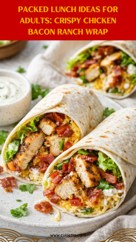 A vibrant, close-up shot of two Chicken Bacon Ranch Wrap halves stacked on a wooden board. The interior shows layers of panko-breaded crispy chicken, crumbled bacon, melted cheddar cheese, shredded green lettuce, and diced red tomatoes drizzled with creamy ranch. The golden-brown tortilla is lightly toasted. This visual highlights Packed Lunch Ideas For Adults, Lunch Meal Prep, and Summer Lunch inspiration.