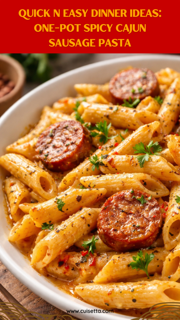 A top-down shot of a rustic cast-iron skillet filled with Creamy Spicy Cajun Sausage Pasta. The penne is coated in a vibrant, orange-tinted cream sauce, mixed with sliced browned sausage, sautéed green bell peppers, and diced tomatoes. Freshly grated Parmesan cheese and chopped parsley are scattered over the top, highlighting Quick N Easy Dinner Ideas and Flavorful Meals. Perfect visual for Dinners Fast And Easy and Diner Specials Ideas.