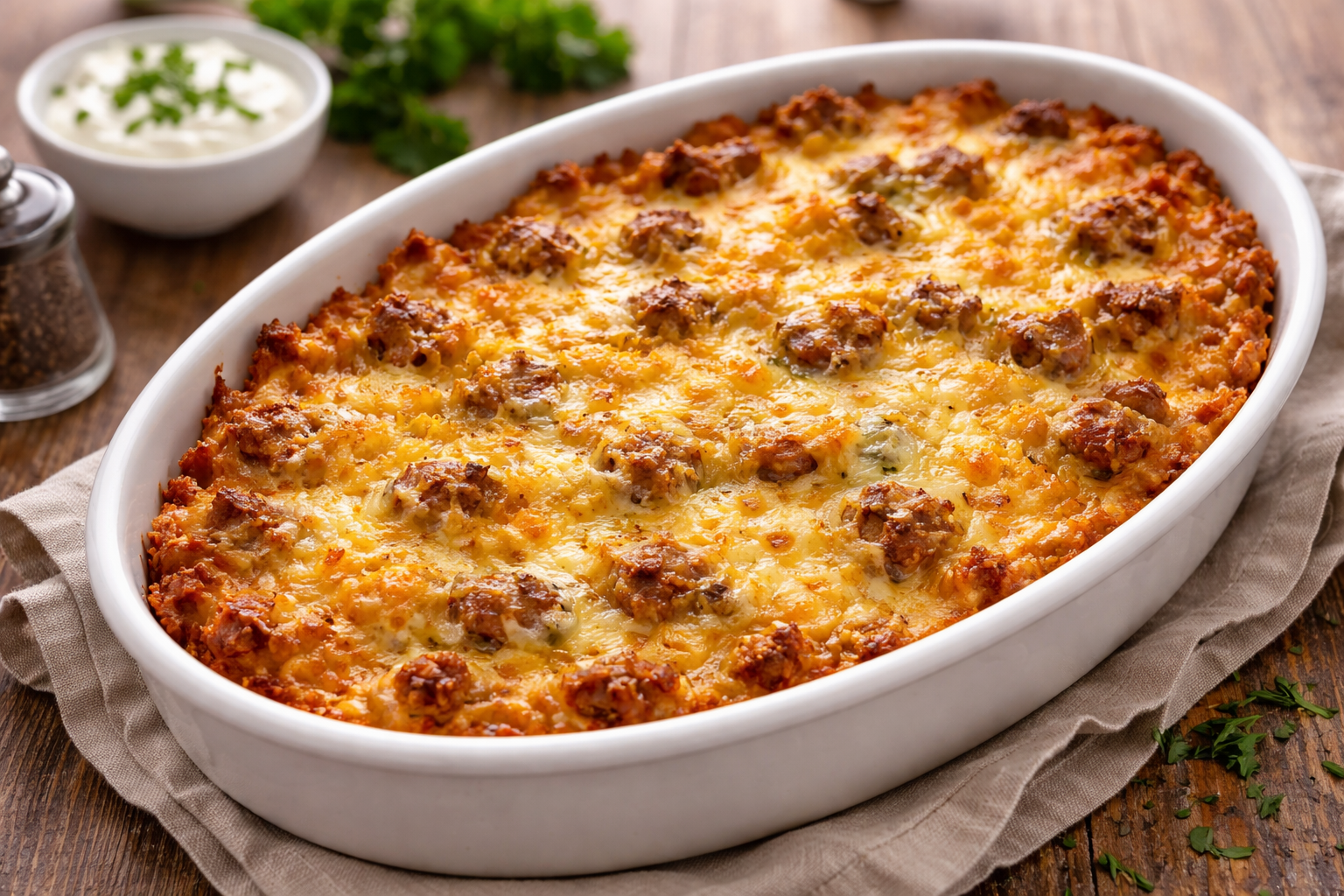 A steaming, golden-brown Holiday Hashbrown Casserole served in a 9x13 ceramic baking dish. The image shows a close-up of a scooped-out portion, revealing layers of melted cheddar cheese, savory crumbled sausage, and shredded potatoes. This Breakfast Casserole With Hashbrowns Oven bake is garnished with fresh chives, representing the ultimate Easy Breakfast For 10 People and a classic Hobo Hashbrown Casserole style meal.