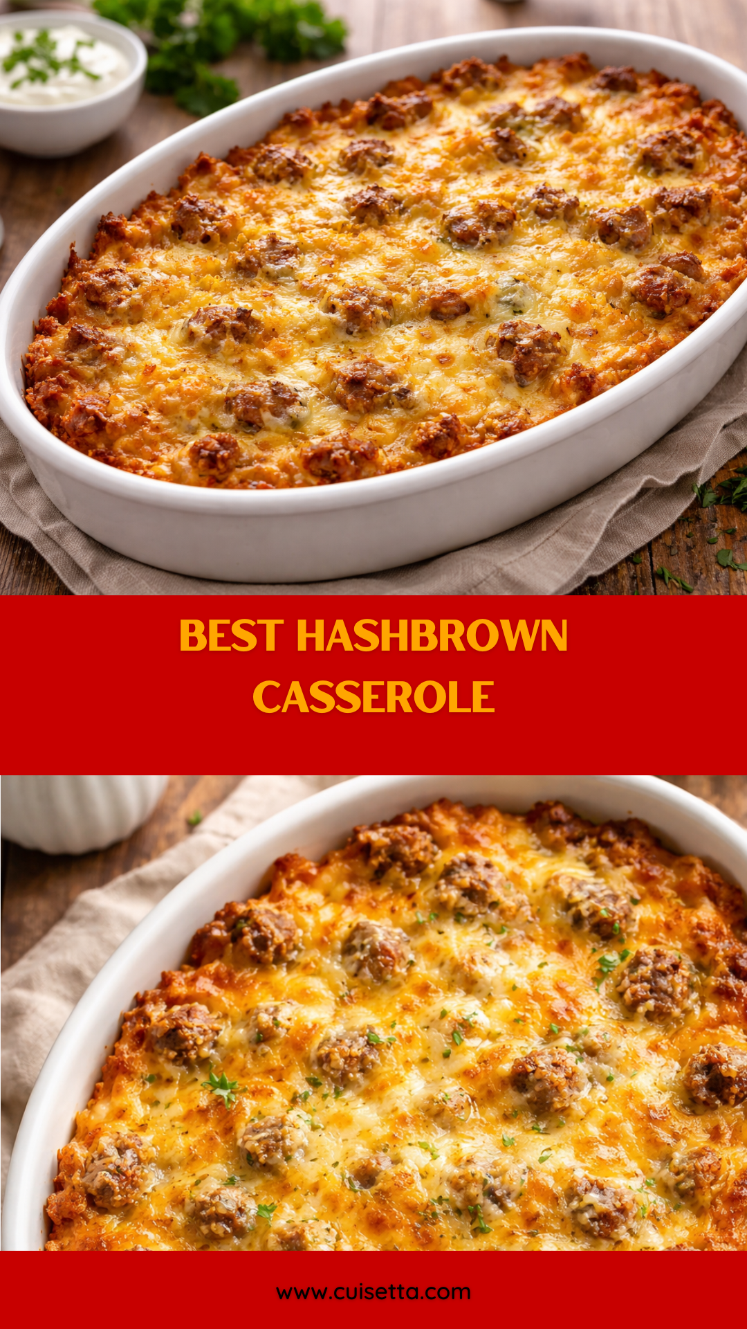 A steaming, golden-brown Holiday Hashbrown Casserole served in a 9x13 ceramic baking dish. The image shows a close-up of a scooped-out portion, revealing layers of melted cheddar cheese, savory crumbled sausage, and shredded potatoes. This Breakfast Casserole With Hashbrowns Oven bake is garnished with fresh chives, representing the ultimate Easy Breakfast For 10 People and a classic Hobo Hashbrown Casserole style meal.