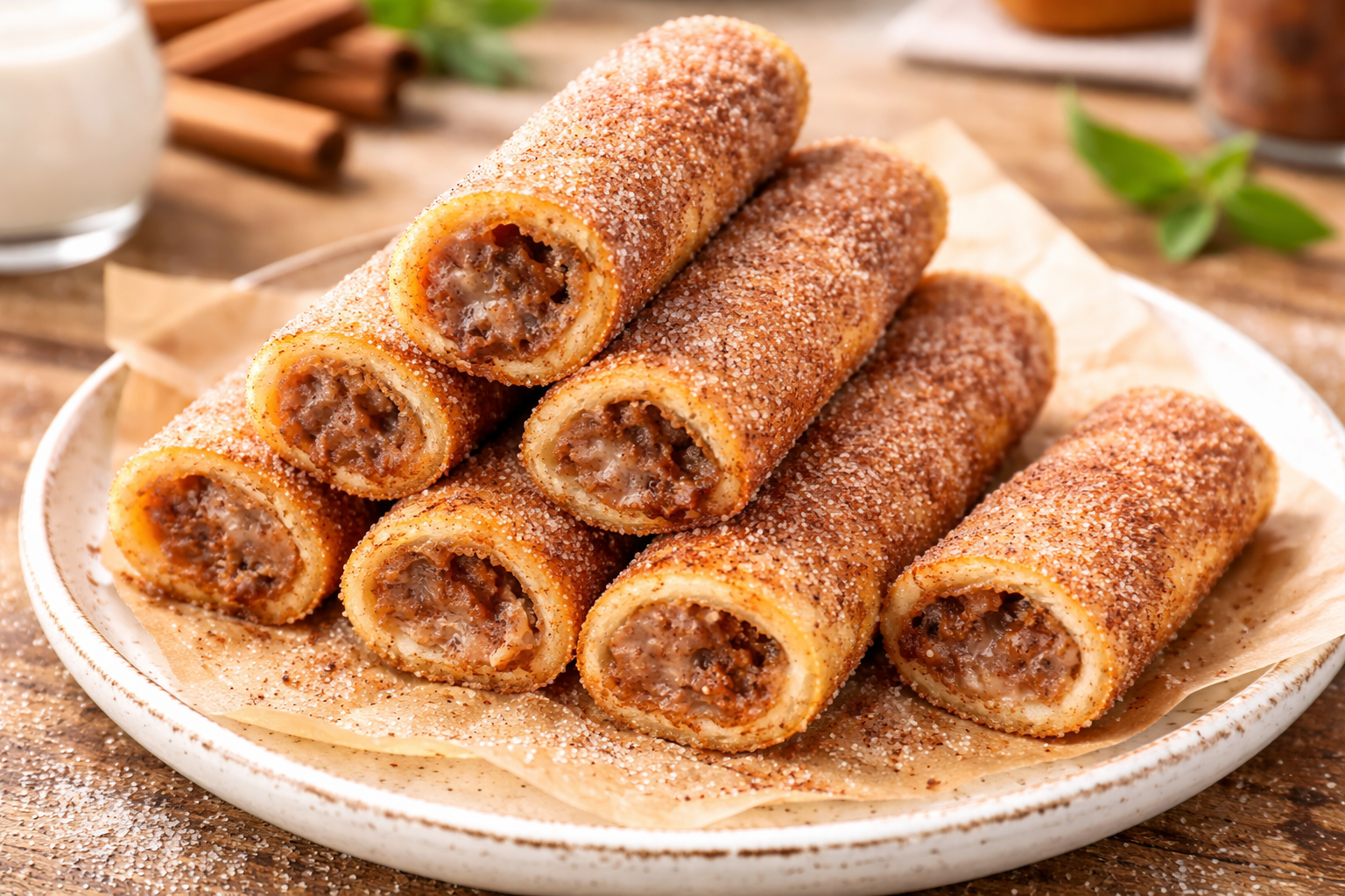 A vibrant, close-up shot of golden-brown Cinnamon Toast Roll Ups stacked on a white plate. Each roll-up is coated in sparkling cinnamon sugar with a light dusting of powdered sugar. One roll is being dipped into a small glass bowl of amber maple syrup. This image highlights Brunch Hand Foods and Easy Good Breakfast ideas, showcasing Food Recipes That Kids Can Make and festive Breakfast Food Ideas For Party platters.
