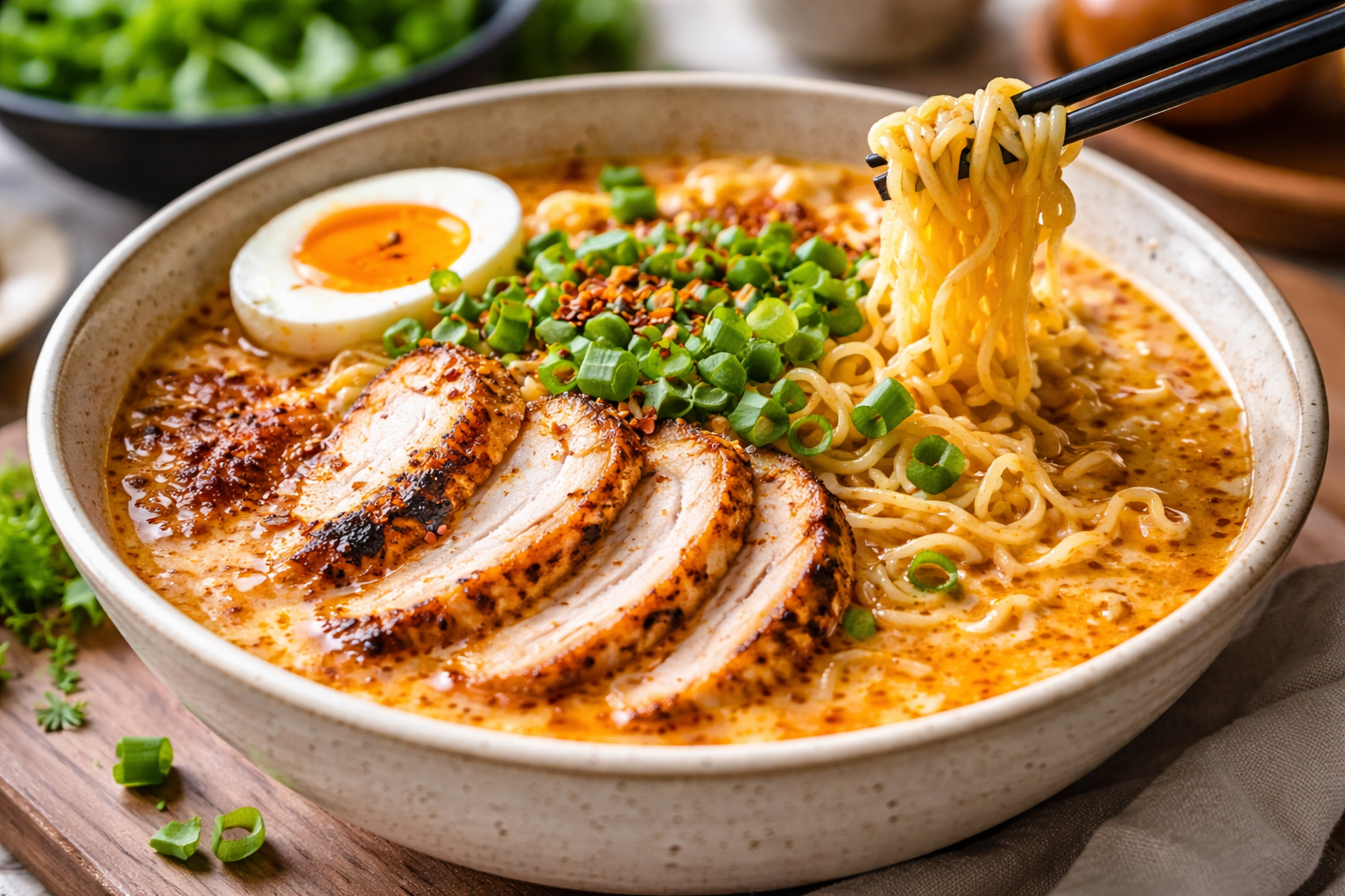 A steaming bowl of Creamy Garlic Chicken Ramen, featuring springy noodles drenched in a thick, white Cheesy Garlic Spaghetti sauce. Sliced golden-brown chicken breast, bright green bok choy, and red pepper flakes are visible. This Quick Garlic Pasta Dinner is garnished with fresh parsley and green onions, styled to look like a gourmet Creamy Garlic Parmesan Pasta. Perfect for showcasing Garlic Parmesan Noodles Easy Recipes.