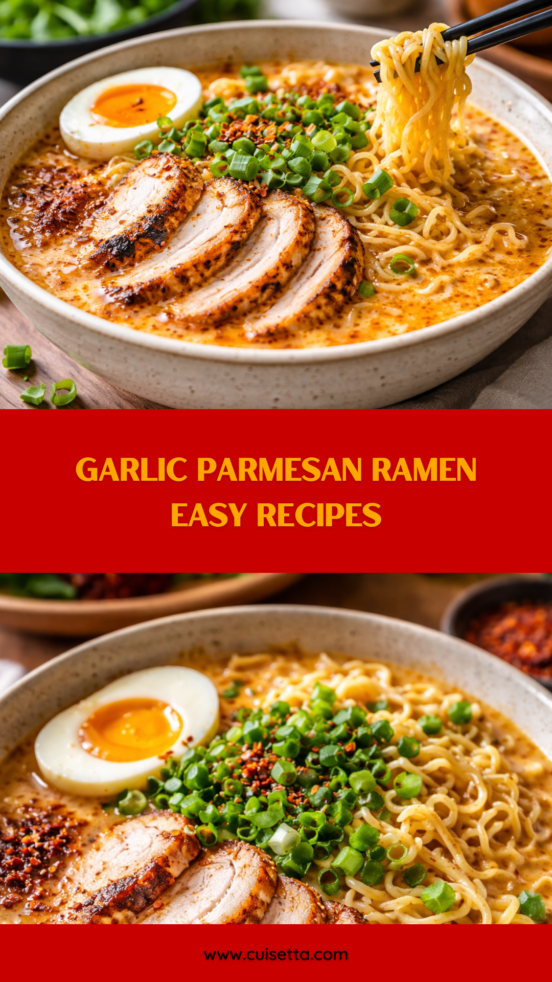 A steaming bowl of Creamy Garlic Chicken Ramen, featuring springy noodles drenched in a thick, white Cheesy Garlic Spaghetti sauce. Sliced golden-brown chicken breast, bright green bok choy, and red pepper flakes are visible. This Quick Garlic Pasta Dinner is garnished with fresh parsley and green onions, styled to look like a gourmet Creamy Garlic Parmesan Pasta. Perfect for showcasing Garlic Parmesan Noodles Easy Recipes.