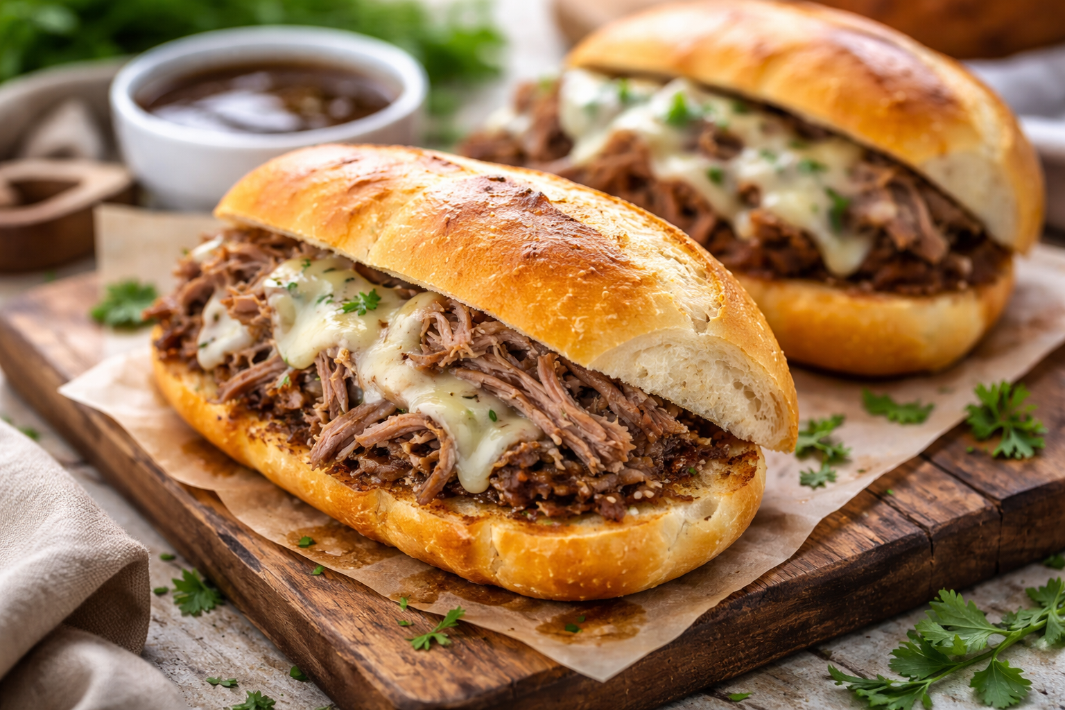 A close-up shot of a toasted hoagie roll piled high with shredded, juicy slow-cooked beef and melted provolone cheese, being dipped into a small ceramic bowl of dark, savory au jus. The background shows the Crockpot used for this Dinner Ideas For Hosting and a plate of crispy potato wedges. This visual perfectly represents Easy Food To Feed A Crowd, Game Night Meals, and Crockpot Meals Kid Friendly dinner options.