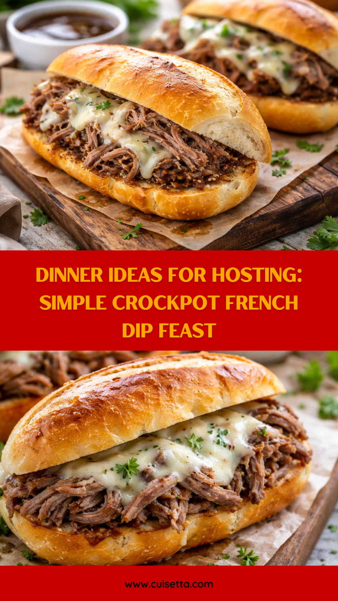 A close-up shot of a toasted hoagie roll piled high with shredded, juicy slow-cooked beef and melted provolone cheese, being dipped into a small ceramic bowl of dark, savory au jus. The background shows the Crockpot used for this Dinner Ideas For Hosting and a plate of crispy potato wedges. This visual perfectly represents Easy Food To Feed A Crowd, Game Night Meals, and Crockpot Meals Kid Friendly dinner options.