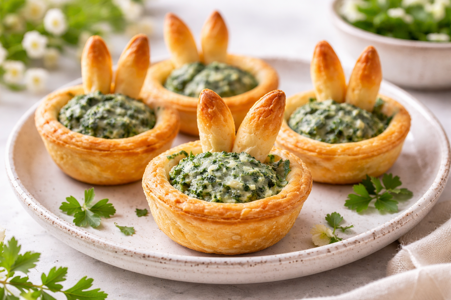 A high-resolution, close-up shot of golden-brown Easter Bunny Crescent Bites arranged on a white ceramic platter. These Bunny Themed Snacks feature flaky pastry ears and a creamy green spinach-artichoke filling peeking through the center. In the background, fresh parsley and Easter eggs create a festive atmosphere. This image showcases Easy Easter Finger Food Ideas and serves as inspiration for Bunny Party Food Ideas and Fun Easter Foods.