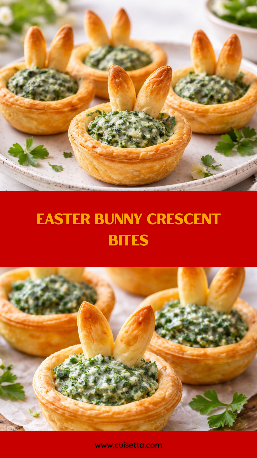 A high-resolution, close-up shot of golden-brown Easter Bunny Crescent Bites arranged on a white ceramic platter. These Bunny Themed Snacks feature flaky pastry ears and a creamy green spinach-artichoke filling peeking through the center. In the background, fresh parsley and Easter eggs create a festive atmosphere. This image showcases Easy Easter Finger Food Ideas and serves as inspiration for Bunny Party Food Ideas and Fun Easter Foods.