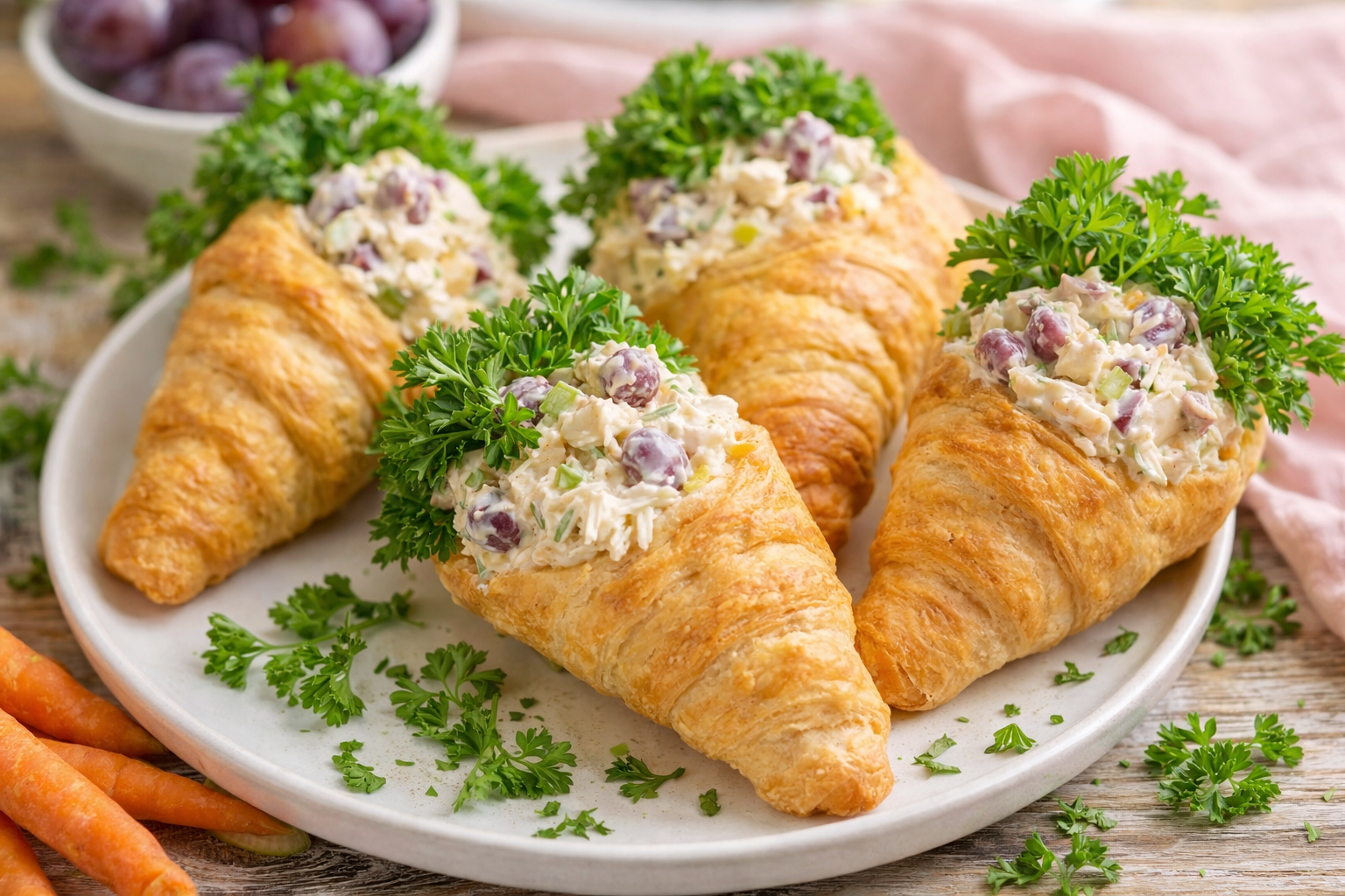 A bright, high-angle shot of golden-brown, carrot-shaped crescent rolls filled with a creamy Easter Chicken Salad. The filling features visible chunks of chicken, sliced grapes, and slivered almonds, garnished with fresh green parsley. The rolls are arranged on a white platter, representing Easter Fun Food Ideas and Small Easter Meal Ideas. The lighting is airy and spring-like, emphasizing Easy Easter Food for a holiday brunch or Easter Dinner Menu Ideas.