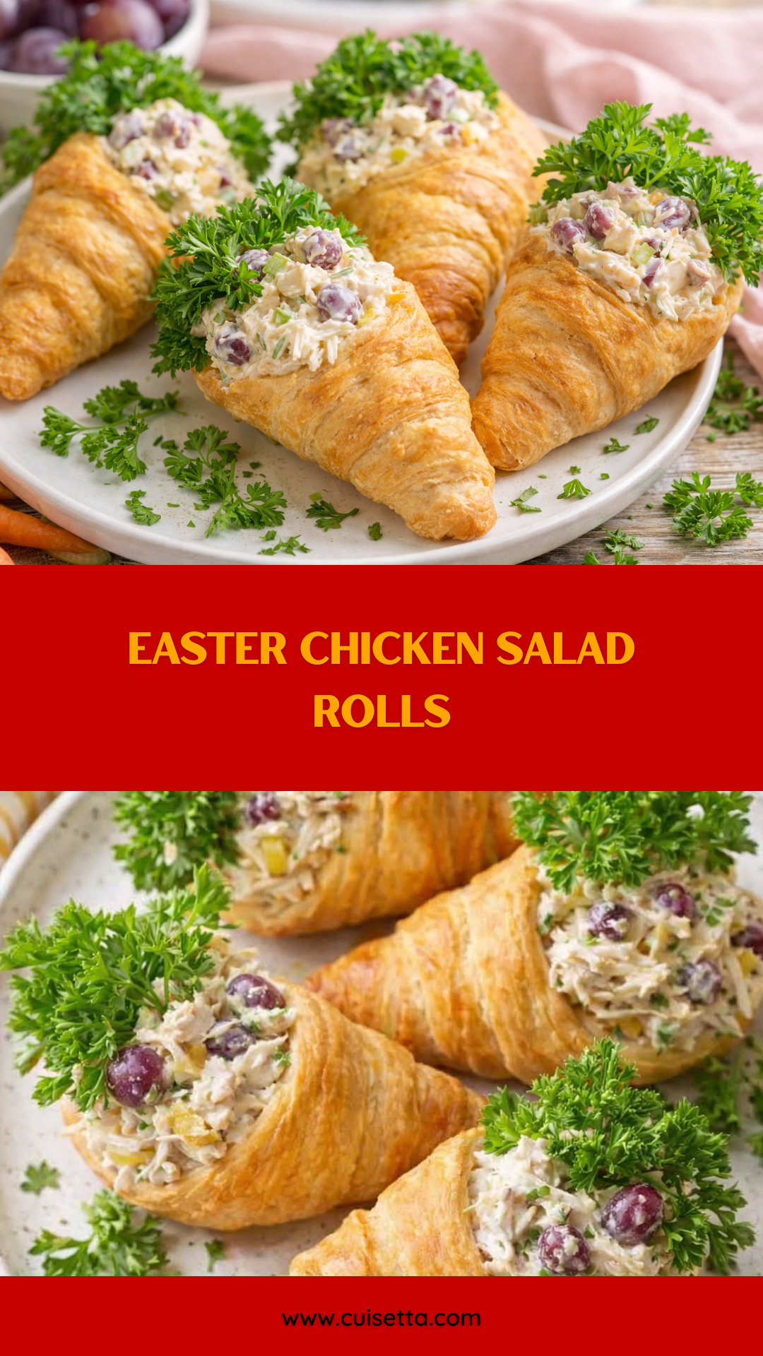 A bright, high-angle shot of golden-brown, carrot-shaped crescent rolls filled with a creamy Easter Chicken Salad. The filling features visible chunks of chicken, sliced grapes, and slivered almonds, garnished with fresh green parsley. The rolls are arranged on a white platter, representing Easter Fun Food Ideas and Small Easter Meal Ideas. The lighting is airy and spring-like, emphasizing Easy Easter Food for a holiday brunch or Easter Dinner Menu Ideas.