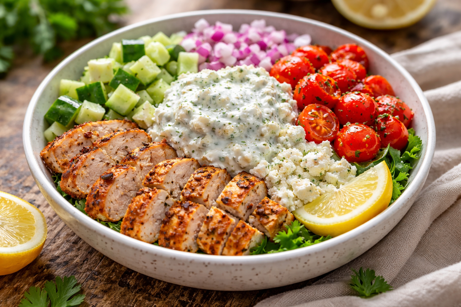 A colorful Mediterranean Health Dinner bowl containing sliced herb-marinated chicken, a scoop of quinoa, halved cherry tomatoes, sliced cucumbers, red onions, and crumbled feta. A generous dollop of creamy dill tzatziki sits in the center. This visual represents Easy Clean Eating Recipes, Meal Prep Clean Eating, and Healthy Bowls, perfect for those seeking Recetas Fitness or a gourmet Recette Santé inspiration.