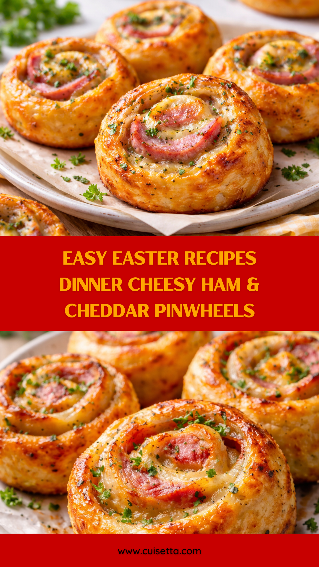 A beautiful overhead shot of golden-brown, flaky Cheesy Ham and Cheddar Pinwheels arranged on a rustic wooden serving board. The visible layers show melted sharp cheddar cheese and savory sliced ham swirled within buttery puff pastry, garnished with fresh chopped parsley. This image highlights Brunch Ideas Finger Food and Easy Easter Recipes inspiration, perfect for Foods For Easter and Different Easter Ideas.