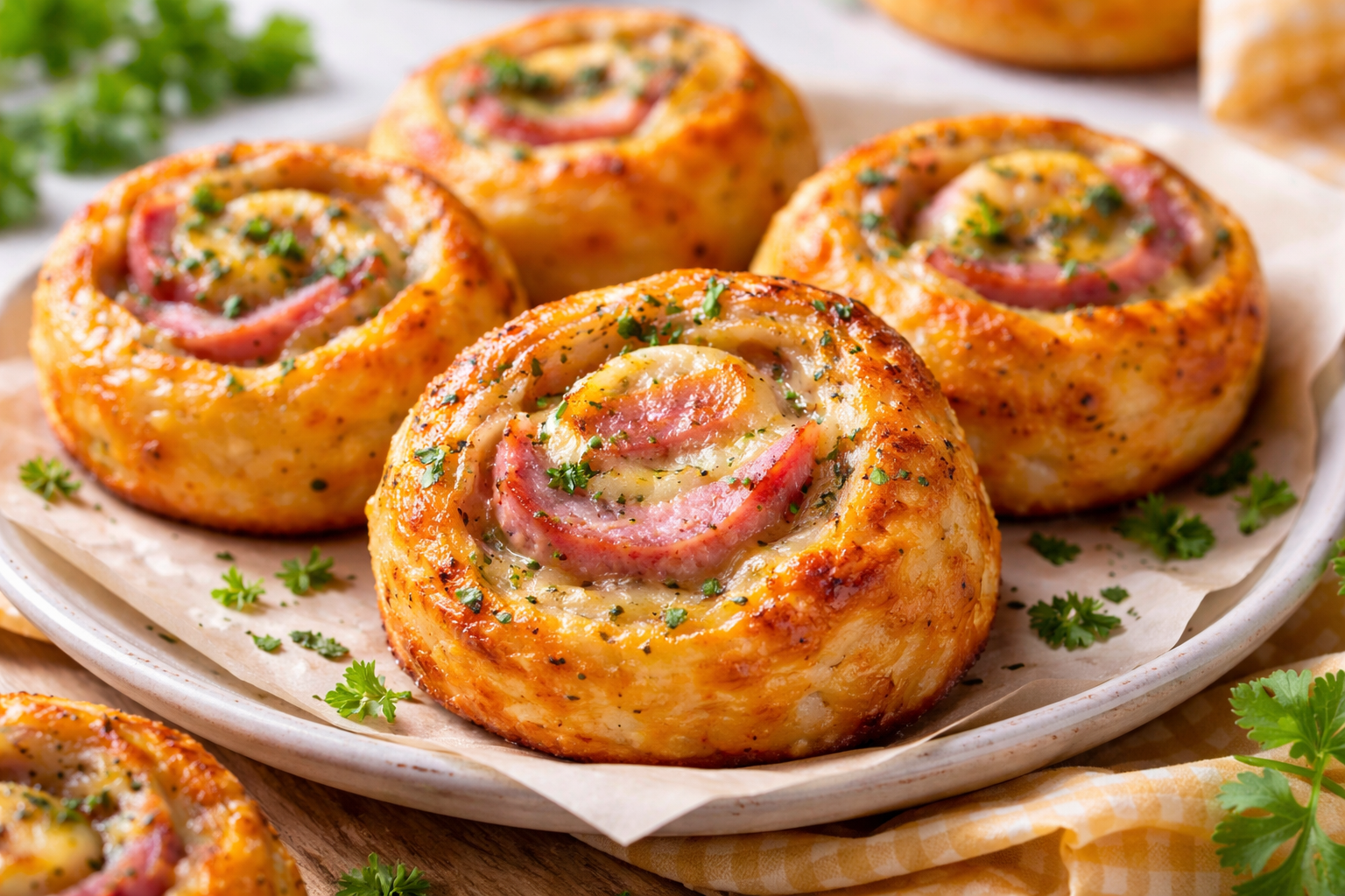 A beautiful overhead shot of golden-brown, flaky Cheesy Ham and Cheddar Pinwheels arranged on a rustic wooden serving board. The visible layers show melted sharp cheddar cheese and savory sliced ham swirled within buttery puff pastry, garnished with fresh chopped parsley. This image highlights Brunch Ideas Finger Food and Easy Easter Recipes inspiration, perfect for Foods For Easter and Different Easter Ideas.