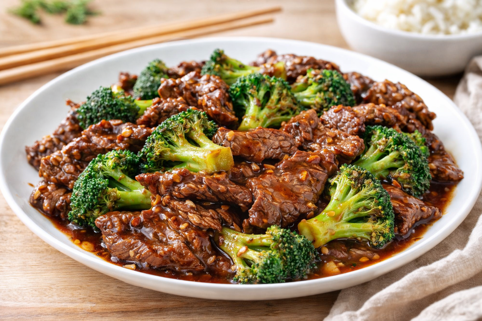 A high-contrast, overhead shot of a steaming pan of Better Than Takeout Beef And Broccoli. The image shows thin, glossy slices of Tender Beef And Broccoli florets coated in a thick, dark brown Easy Beef And Broccoli Sauce. Mincing ginger and garlic are visible in the glaze, served alongside a bowl of fluffy white rice. This visual perfectly represents an Easy Homemade Beef Stir-fry and a restaurant-style Better Than Take Out Beef And Broccoli meal.