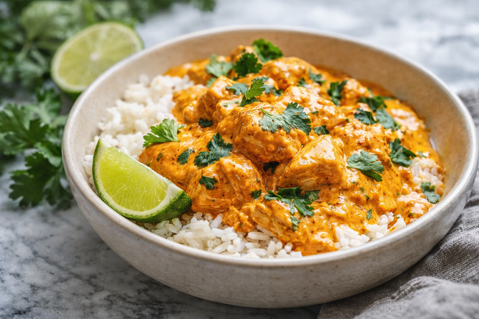 An overhead shot of a Coconut Rice Bowl Recipe featuring creamy, white coconut sauce over diced chicken and a bed of fluffy rice. Fresh green cilantro and bright lime wedges garnish the top. This One-pot Ginger Coconut Milk Chicken Bowls visual highlights the rich texture of Coconut Chicken Rice and Jasmine Rice Bowls, perfect for users searching for Diced Chicken Breast Recipes and tropical Coconut Milk Dinner Recipes.