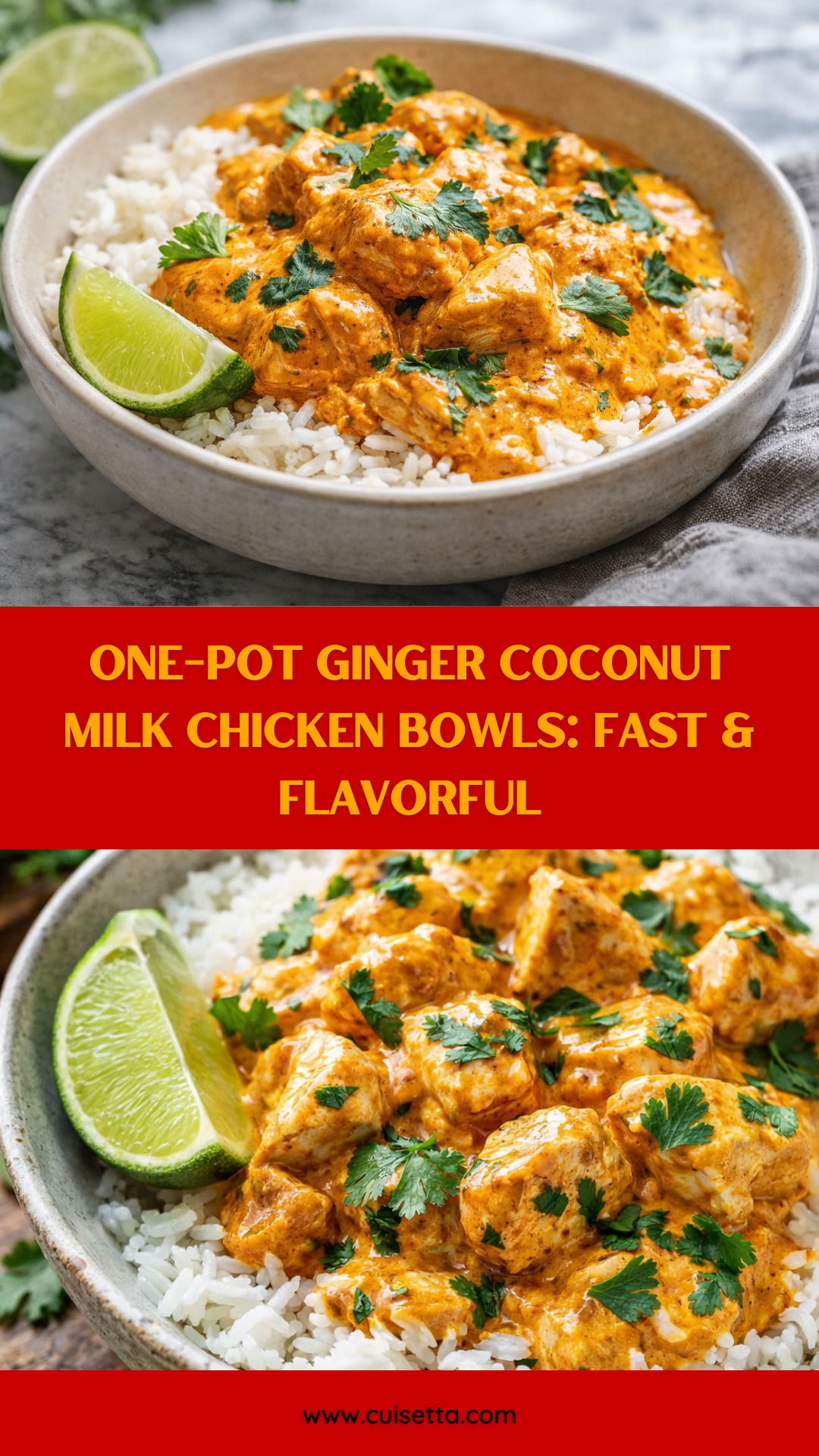 An overhead shot of a Coconut Rice Bowl Recipe featuring creamy, white coconut sauce over diced chicken and a bed of fluffy rice. Fresh green cilantro and bright lime wedges garnish the top. This One-pot Ginger Coconut Milk Chicken Bowls visual highlights the rich texture of Coconut Chicken Rice and Jasmine Rice Bowls, perfect for users searching for Diced Chicken Breast Recipes and tropical Coconut Milk Dinner Recipes.