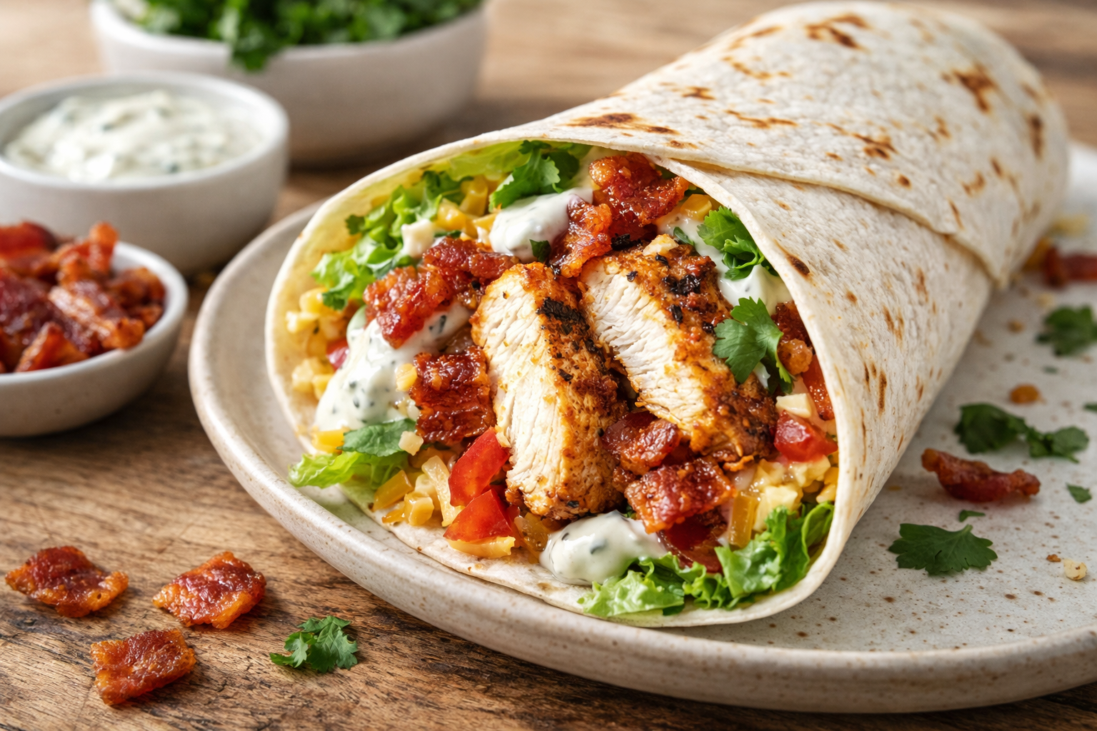 A vibrant, close-up shot of two Chicken Bacon Ranch Wrap halves stacked on a wooden board. The interior shows layers of panko-breaded crispy chicken, crumbled bacon, melted cheddar cheese, shredded green lettuce, and diced red tomatoes drizzled with creamy ranch. The golden-brown tortilla is lightly toasted. This visual highlights Packed Lunch Ideas For Adults, Lunch Meal Prep, and Summer Lunch inspiration.