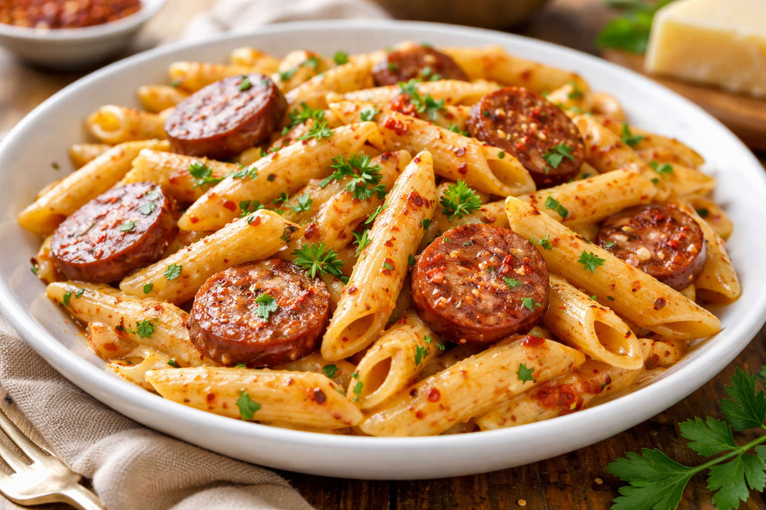 A top-down shot of a rustic cast-iron skillet filled with Creamy Spicy Cajun Sausage Pasta. The penne is coated in a vibrant, orange-tinted cream sauce, mixed with sliced browned sausage, sautéed green bell peppers, and diced tomatoes. Freshly grated Parmesan cheese and chopped parsley are scattered over the top, highlighting Quick N Easy Dinner Ideas and Flavorful Meals. Perfect visual for Dinners Fast And Easy and Diner Specials Ideas.