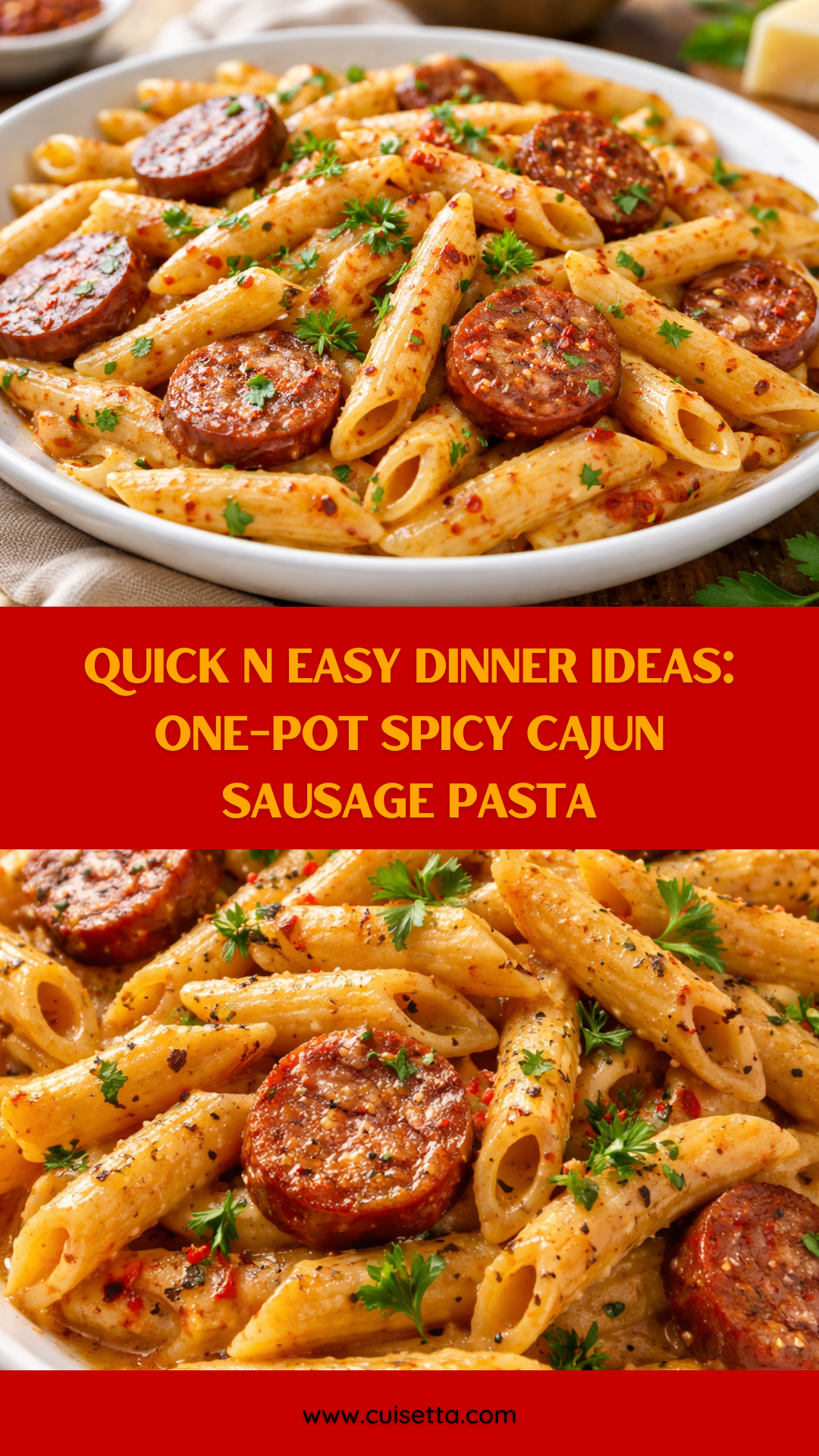 A top-down shot of a rustic cast-iron skillet filled with Creamy Spicy Cajun Sausage Pasta. The penne is coated in a vibrant, orange-tinted cream sauce, mixed with sliced browned sausage, sautéed green bell peppers, and diced tomatoes. Freshly grated Parmesan cheese and chopped parsley are scattered over the top, highlighting Quick N Easy Dinner Ideas and Flavorful Meals. Perfect visual for Dinners Fast And Easy and Diner Specials Ideas.